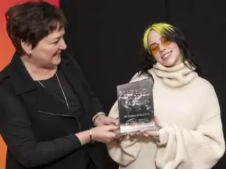 IFPI chief executive Frances Moore presenting Billie Eilish with the IFPI award for biggest global single of 2019