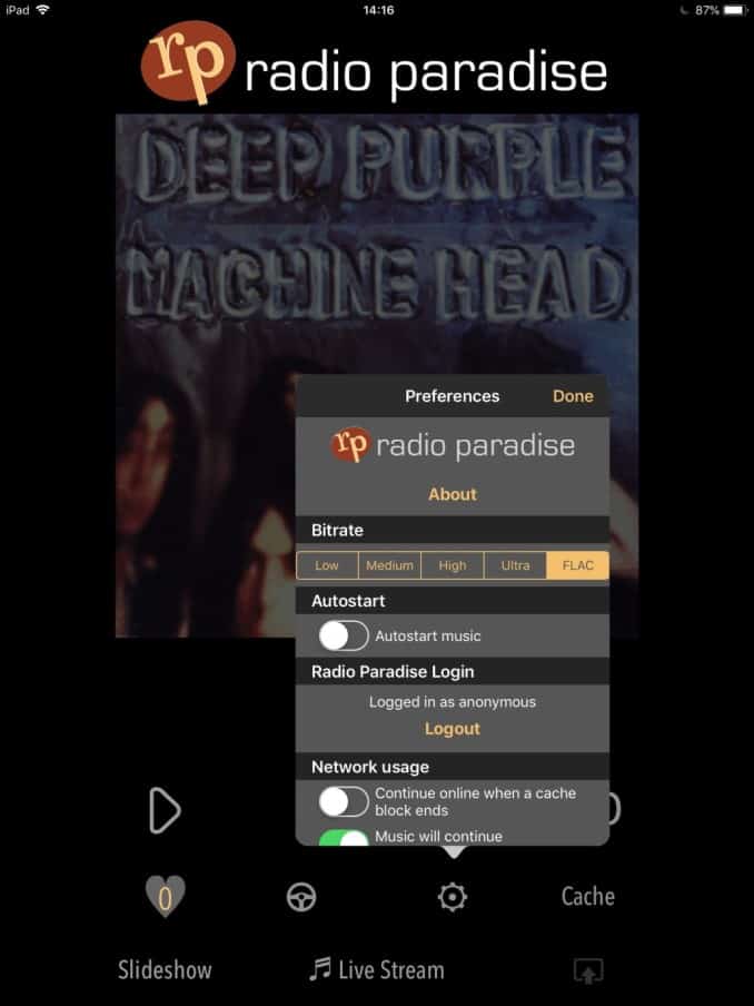 Radio Paradise iOS app screenshot showing FLAC streaming option