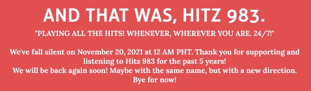 Hitz 983 Goodbye message